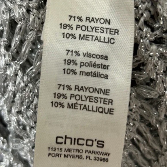 Chico's Metallic Open Knit Top Womens 3 Silver Crochet Tunic Glam Beach Cover Up - Picture 9 of 11